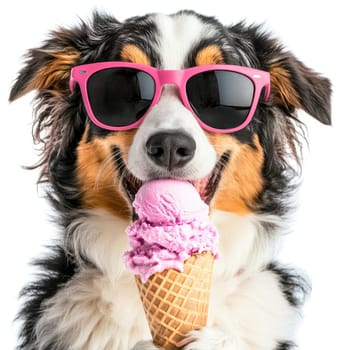 A cheerful dog with a fluffy coat and sunglasses holds a cone of pink ice cream, clearly enjoying the treat. The bright colors add to the joyful atmosphere of the moment.