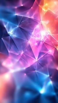 Vivid geometric shapes in shades of blue, pink, and orange create an abstract composition. The interplay of light and color offers an energetic and modern visual experience.