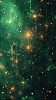 Visuals showcase an abstract design with glowing particles against a green backdrop. The interplay of light creates a mesmerizing digital effect, evoking wonder and intrigue.