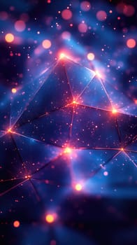 Bright particles illuminate a colorful abstract design composed of geometric shapes against a dark backdrop. The vibrant scene conveys a sense of movement and energy.