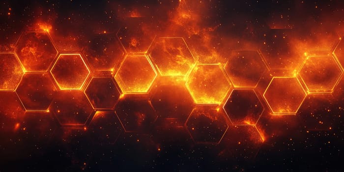 Bright hexagonal patterns emit fiery orange and yellow hues, creating a captivating abstract visual against a contrasting dark backdrop. The design evokes energy and movement.