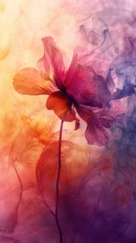 A delicate flower stands alone against a backdrop of swirling colors, showcasing shades of purple, pink, and orange. The artistic effect gives a dreamy appearance to the scene.
