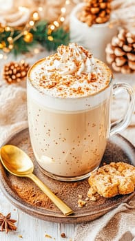 A creamy latte is garnished with whipped cream and spices, set on a rustic wooden plate alongside a cookie. The warm atmosphere includes holiday decorations.