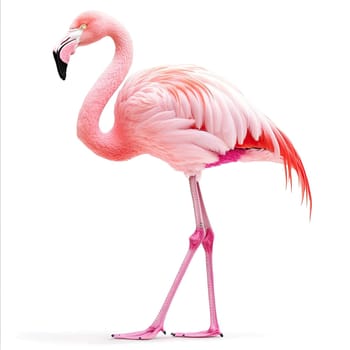 A flamingo stands tall, displaying its striking pink plumage and slender legs.