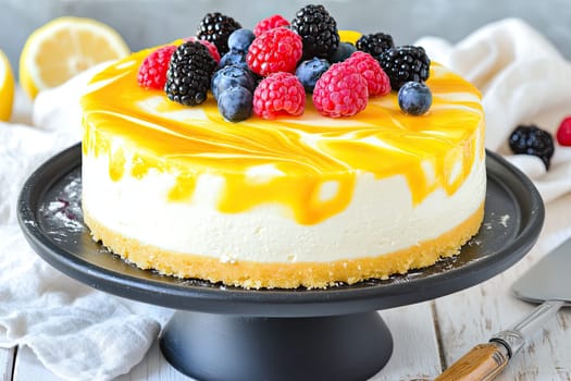 A vibrant cheesecake is showcased on a black serving plate. It features a smooth mango glaze and is adorned with fresh berries, including raspberries, blueberries, and blackberries.