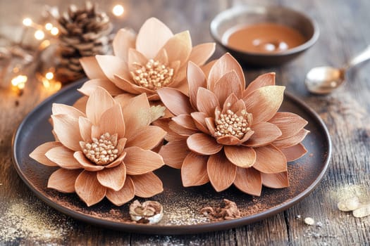 Delicate brown decorative flowers sit on a dark plate, surrounded by spices and a small bowl, creating a warm and inviting autumn setting, enhanced by soft lighting.
