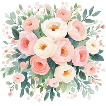 Delicate white flowers and lush green leaves are elegantly arranged, showcasing a harmonious blend of nature's beauty through watercolor art. The soft colors enhance the overall charm.