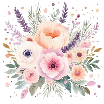 A stunning composition of soft pink roses and bright white lilies, surrounded by lush green leaves and delicate buds, ideal for floral decorations or special occasions.
