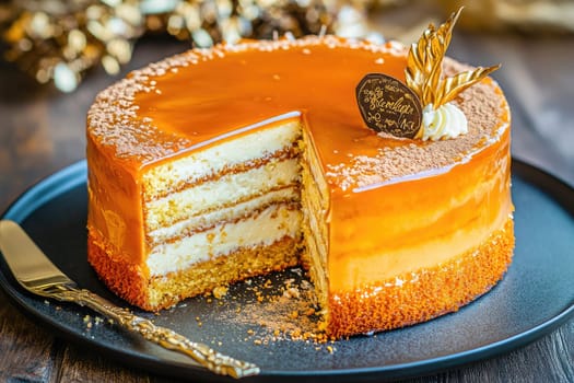 A beautifully crafted dessert featuring multiple layers of sponge cake filled with creamy frosting, topped with a glossy caramel glaze. Perfect for celebrations.