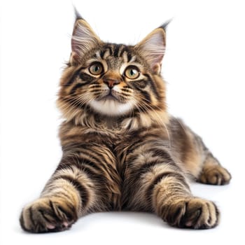 A fluffy brown tabby cat lays comfortably with its paws stretched out and a curious expression. The bright indoor light highlights its soft fur and charming features, creating an inviting atmosphere.