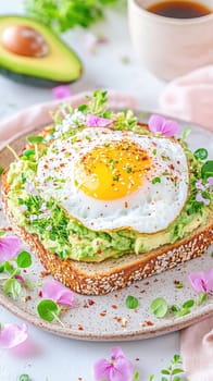 A vibrant meal featuring creamy avocado spread on toasted whole grain bread, adorned with a perfectly cooked egg and sprinkled with herbs and petals. Enjoyed alongside a cup of coffee.