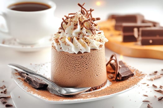Rich chocolate mousse topped with whipped cream and chocolate shavings is placed on a white plate. A steaming cup of coffee sits nearby, creating a warm and inviting atmosphere.