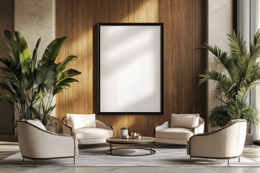 A stylish lounge area showcases a modern seating arrangement with cream-colored chairs and a round coffee table. Lush green plants adorn the space, enhancing the ambiance of comfort.