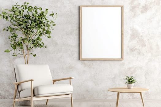 A cozy room showcases a simple chair beside a small table. A blank frame hangs on the textured wall, with a leafy plant adding a touch of greenery to the space.