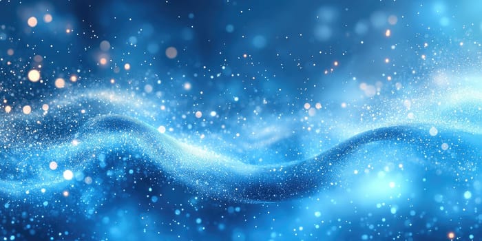 A captivating display features flowing blue waves intertwined with sparkling particles, creating a mesmerizing, illuminated atmosphere that captures attention and imagination.
