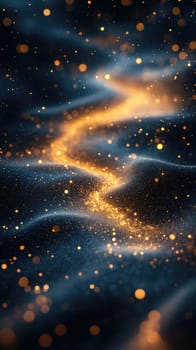 Soft waves of dark material ripple gently as golden particles scatter, creating a mesmerizing, winding path under dim lighting, resembling a cosmic scene.