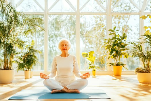 A senior woman is seated cross-legged on a yoga mat, meditating peacefully in a sunlit room surrounded by vibrant green plants, creating a serene atmosphere.