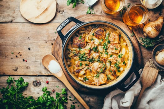 A hearty chicken stew simmers in a bowl, garnished with fresh herbs and surrounded by drinks and utensils. The rustic wooden table adds warmth to the cozy setting.
