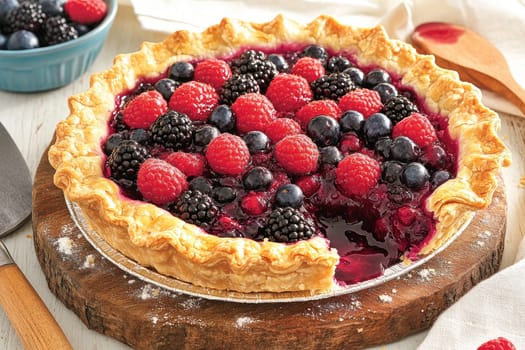 A delicious pie filled with an assortment of fresh berries, including raspberries, blueberries, and blackberries, showcases a flaky golden crust on a wooden surface.