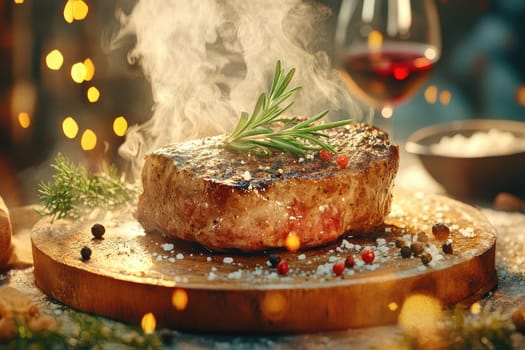 A beautifully cooked steak is presented on a wooden platter, garnished with rosemary and spices. A glass of red wine sits nearby, creating a warm, inviting atmosphere in the restaurant.
