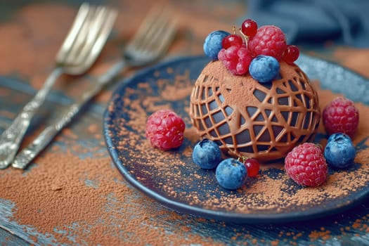 A carefully crafted dessert sits on a plate, showcasing a chocolate dome garnished with fresh berries. The bright colors contrast the rich cocoa powder on the plate, creating an inviting presentation.