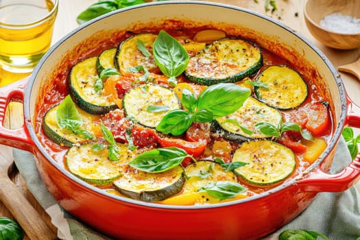 Colorful vegetable stew features zucchini, peppers, and tomatoes garnished with fresh basil. Set on a wooden table with olive oil and herbs in the background, showcasing a cozy cooking atmosphere.