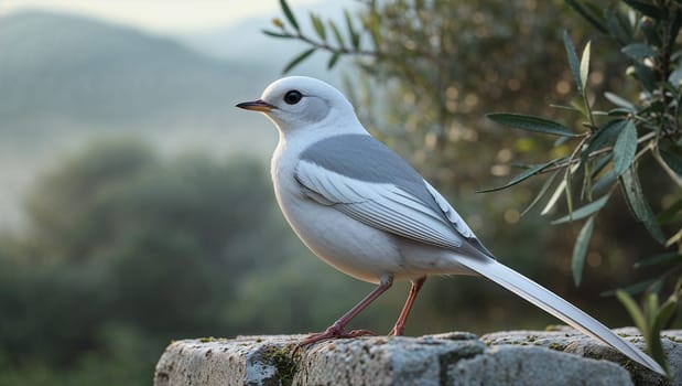 Beautiful white wheatear perched on a stone wall with an olive branch in the background, enjoying a peaceful morning. Ai generated image