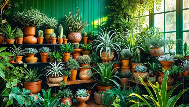 Various potted succulents and tropical plants thriving on shelves in a greenhouse with green walls and natural light. Ai generated image
