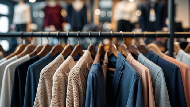 Variety of fashionable clothes hanging on wooden hangers in a modern clothing store, showcasing the latest trends and styles for shoppers. Ai generated image