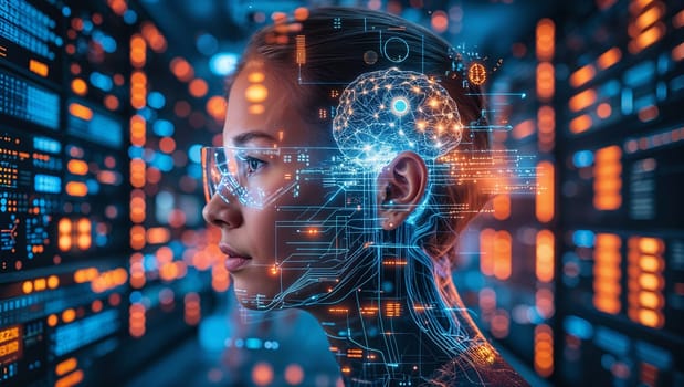 Woman engineer wearing ar glasses analyzing holographic projection of a digital brain and neural network, in a server room. Ai generated image