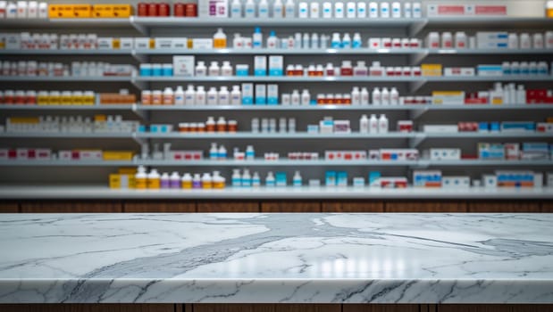 Empty marble countertop with blurred pharmacy shelves providing ample copy space for product placement or promotional content. Ai generated image