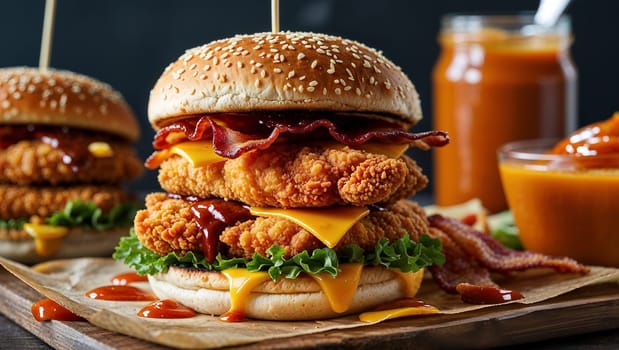 Indulge in a towering crispy fried chicken burger, dripping with melted cheese, crispy bacon, and a tangy sauce, a truly satisfying culinary experience. Ai generated image