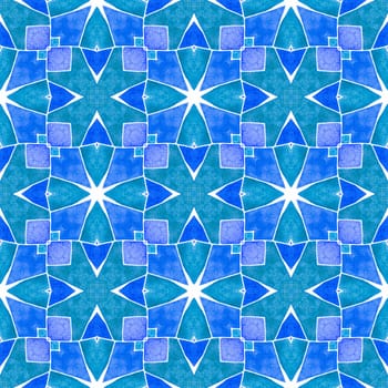Textile ready remarkable print, swimwear fabric, wallpaper, wrapping. Blue decent boho chic summer design. Chevron watercolor pattern. Green geometric chevron watercolor border.