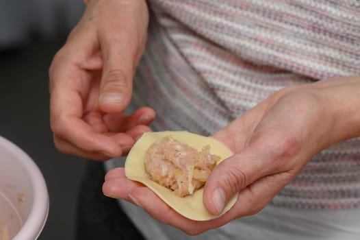 In a warm kitchen bathed in natural light, hands skillfully assemble dumplings, delicately placing seasoned filling onto thin pasta sheets, highlighting the art of homemade cuisine.
