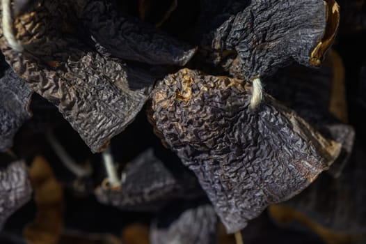 Delicate and weathered petals bask in warm sunlight, resting atop a rough, textured wooden surface. Their rich colors and intricate shadows tell stories of past blooms and faded beauty.