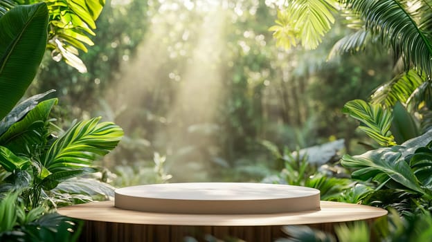 Sunlight streams through jungle foliage, illuminating an empty pedestal surrounded by vibrant green leaves. Ideal for nature-themed backdrops or presentations. AI generated.