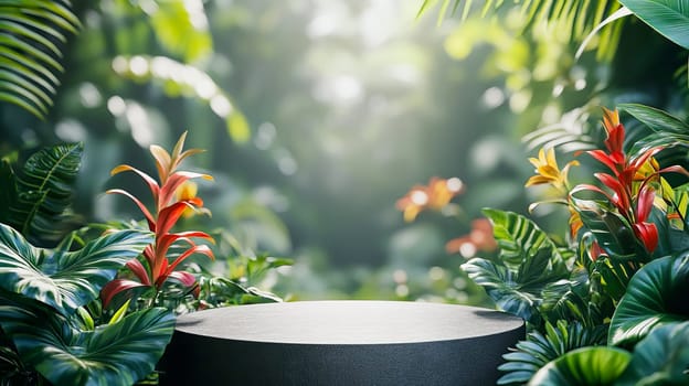 Sunlight streams through jungle foliage, illuminating an empty pedestal surrounded by vibrant green leaves. Ideal for nature-themed backdrops or presentations. AI generated.