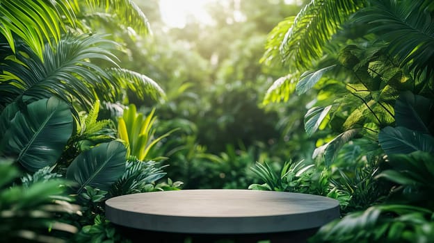 Sunlight streams through jungle foliage, illuminating an empty pedestal surrounded by vibrant green leaves. Ideal for nature-themed backdrops or presentations. AI generated.