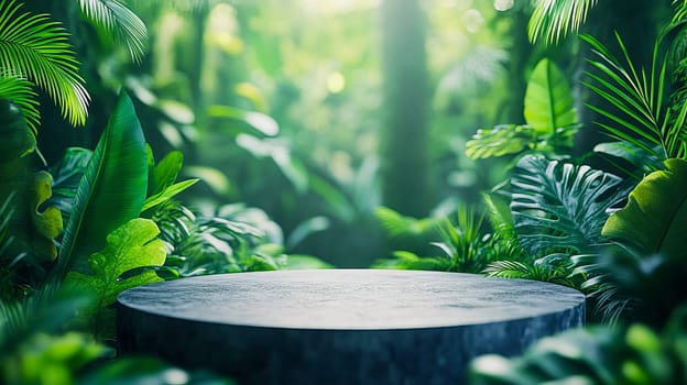 Sunlight streams through jungle foliage, illuminating an empty pedestal surrounded by vibrant green leaves. Ideal for nature-themed backdrops or presentations. AI generated.