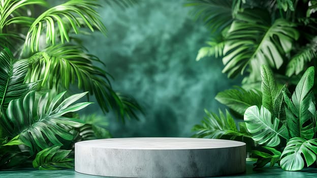 Sunlight streams through jungle foliage, illuminating an empty pedestal surrounded by vibrant green leaves. Ideal for nature-themed backdrops or presentations. AI generated.