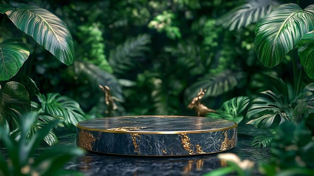 Sunlight streams through jungle foliage, illuminating an empty pedestal surrounded by vibrant green leaves. Ideal for nature-themed backdrops or presentations. AI generated.