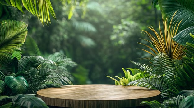 Sunlight streams through jungle foliage, illuminating an empty pedestal surrounded by vibrant green leaves. Ideal for nature-themed backdrops or presentations. AI generated.
