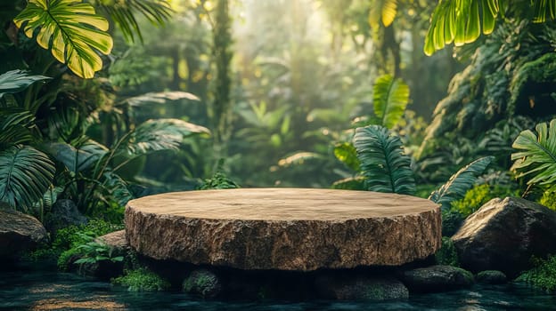 Sunlight streams through jungle foliage, illuminating an empty pedestal surrounded by vibrant green leaves. Ideal for nature-themed backdrops or presentations. AI generated.