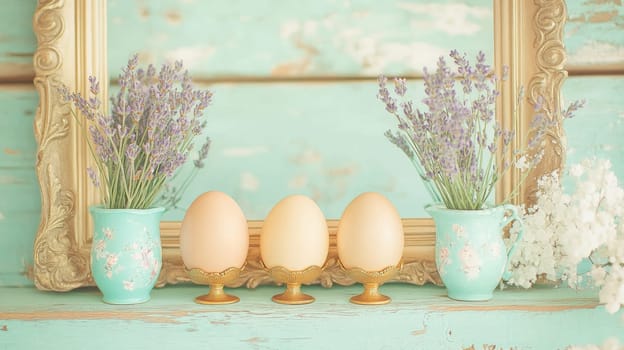 A charming Easter centerpiece features vintage decorations with pastel Easter eggs positioned elegantly.