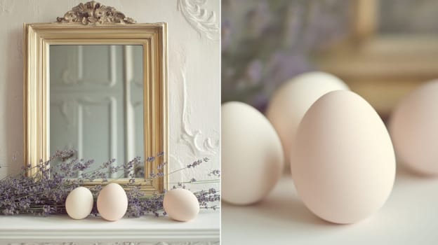 A beautifully arranged Easter centerpiece features vintage decorations with a collection of Easter eggs, set against an ornate mirror. This spring decor enhances the warmth of the interior.