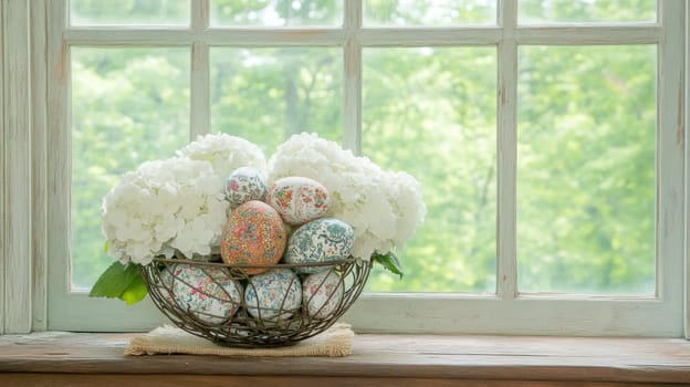 A lovely Easter centerpiece features vintage decorations and beautifully decorated eggs amid fresh white flowers in a rustic bowl, set against a serene spring window backdrop.
