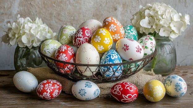 Brightly colored Easter eggs in a vintage wire basket create a cheerful centerpiece. Surrounding the eggs are elegant white flowers, enhancing the spring vibe of this home decor arrangement.