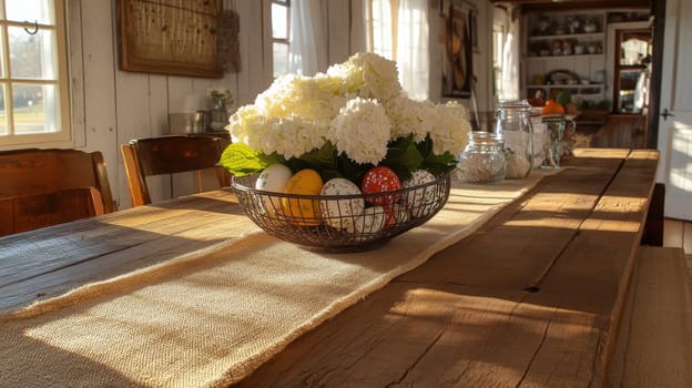 A beautiful vintage wire egg centerpiece filled with colorful Easter eggs and fresh flowers brings warmth to a rustic dining table, perfect for spring and holiday gatherings.