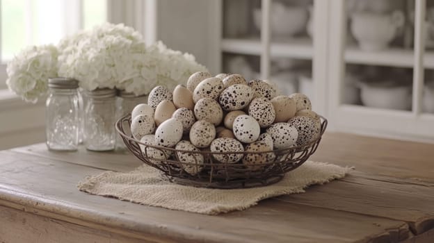 A vintage wire basket holds a collection of speckled Easter eggs, creating an elegant Easter centerpiece. This antique decoration enhances spring decor in a cozy home interior.