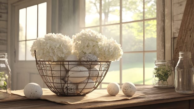Vintage wire egg basket filled with Easter eggs and fresh white flowers placed on a rustic wooden table by a sunlit window, creating a charming spring ambiance for festive decoration.